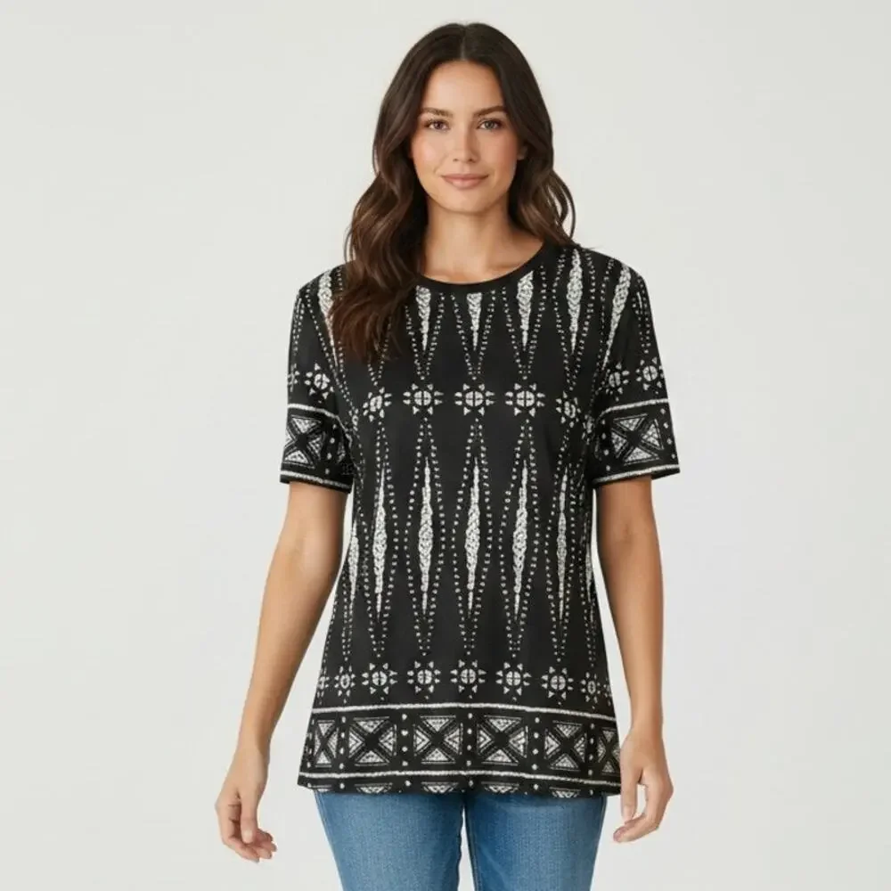 Tory Burch T-Shirt Top Womens Black White Geometric Print Short Sleeve Classic